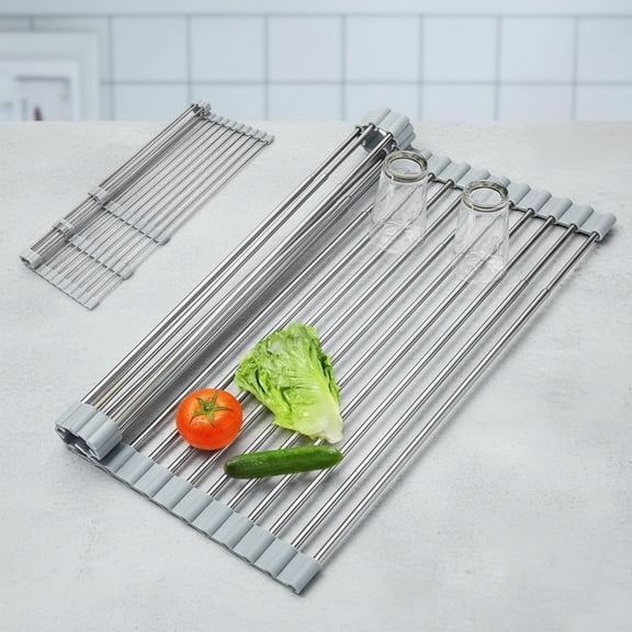 Expandable Roll-UP Dish Drying Rack - Large 304 Stainless Steel Dish Drainer Over The Sink for Kitchen Countertop, Extendable & Rollable & Food Grade