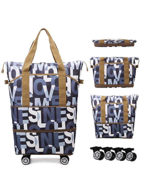 Expandable Rolling Travel Bag, w/ 4 Detachable 360° Wheels & Trolley Sleeve, Foldable Luggage Bag Waterproof Carry on Overnight Tote Storage Duffle Bag for Gym House Moving Camping