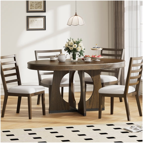 Expandable Round Dining Table and 4 Chairs Set in Walnut, Retro 5-Piece Kitchen Dining Set with Geometric Base