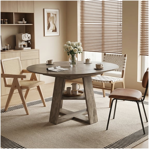 Expandable Round Dining Table for Small Spaces, 43 to 59 Inch Kitchen Table with Removable Leaf and Wooden Storage Base, Natural Color