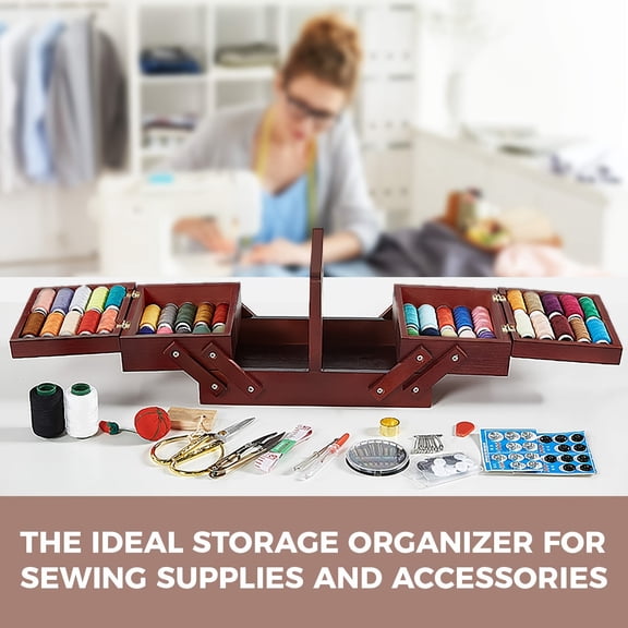 Expandable Sewing Box - Wooden Storage Box for Spools Used by Tailors - Sewing Storage Box with Handle - Suitable for Embroidery Kits, Quilting Supplies, And Cross-Stitch Kits, Sewing Storage