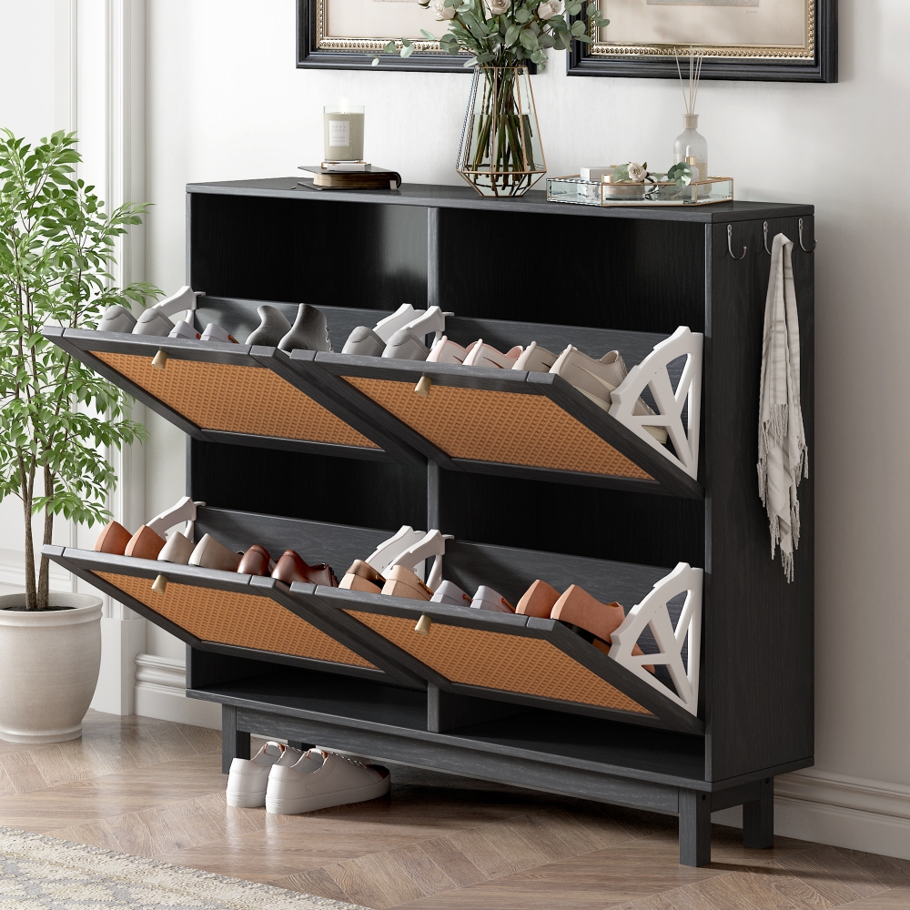 Entryway Shoe Storage Bench, Hallway Shoe Organizer with 2 Flip Drawers