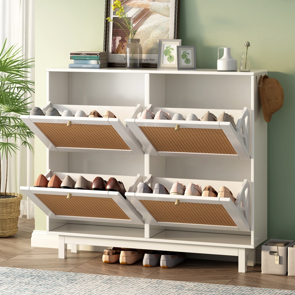 Shoe Rack Rattan Large Expandable Shoe Rack, Rattan Boho Style Shoe Cabinet with 4 Flip ...