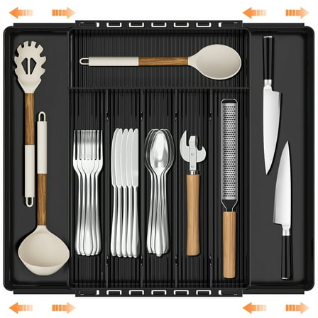 Expandable Silverware Drawer Organizer, Adjustable Acrylic Utensil Tray for Kitchen Storage, Cutlery Drawer Organizer with 8 Compartments, Medium, Black
