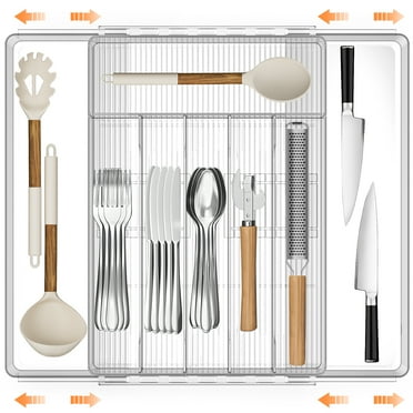 Expandable Silverware Drawer Organizer, Adjustable Acrylic Utensil Tray for Kitchen Storage, Cutlery Drawer Organizer with 8 Compartments, Medium, Clear