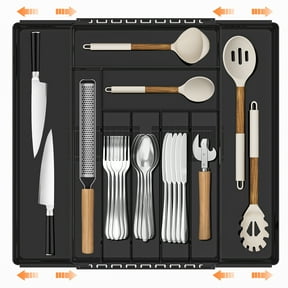 Expandable Silverware Drawer Organizer, Adjustable Acrylic Utensil Tray for Kitchen Storage, Cutlery Drawer Organizer with 9 Compartments, Large, Black