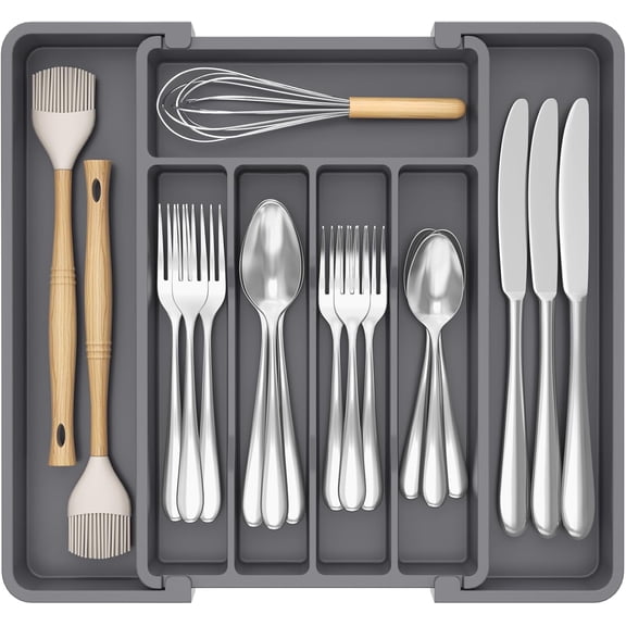 Expandable Silverware Drawer Organizer, Adjustable Utensil Tray with 8 Compartments, Kitchen Utensil Drawer Organizer, Silverware Holder for Kitchen Flatware, Knives, and Cooking Tools
