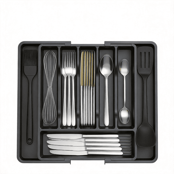 Expandable Silverware Drawer Organizer, Adjustable Utensil Tray with 8 Compartments, Kitchen Utensil Drawer Organizer, Silverware Holder for Kitchen Flatware, Knives, and Cooking Tools