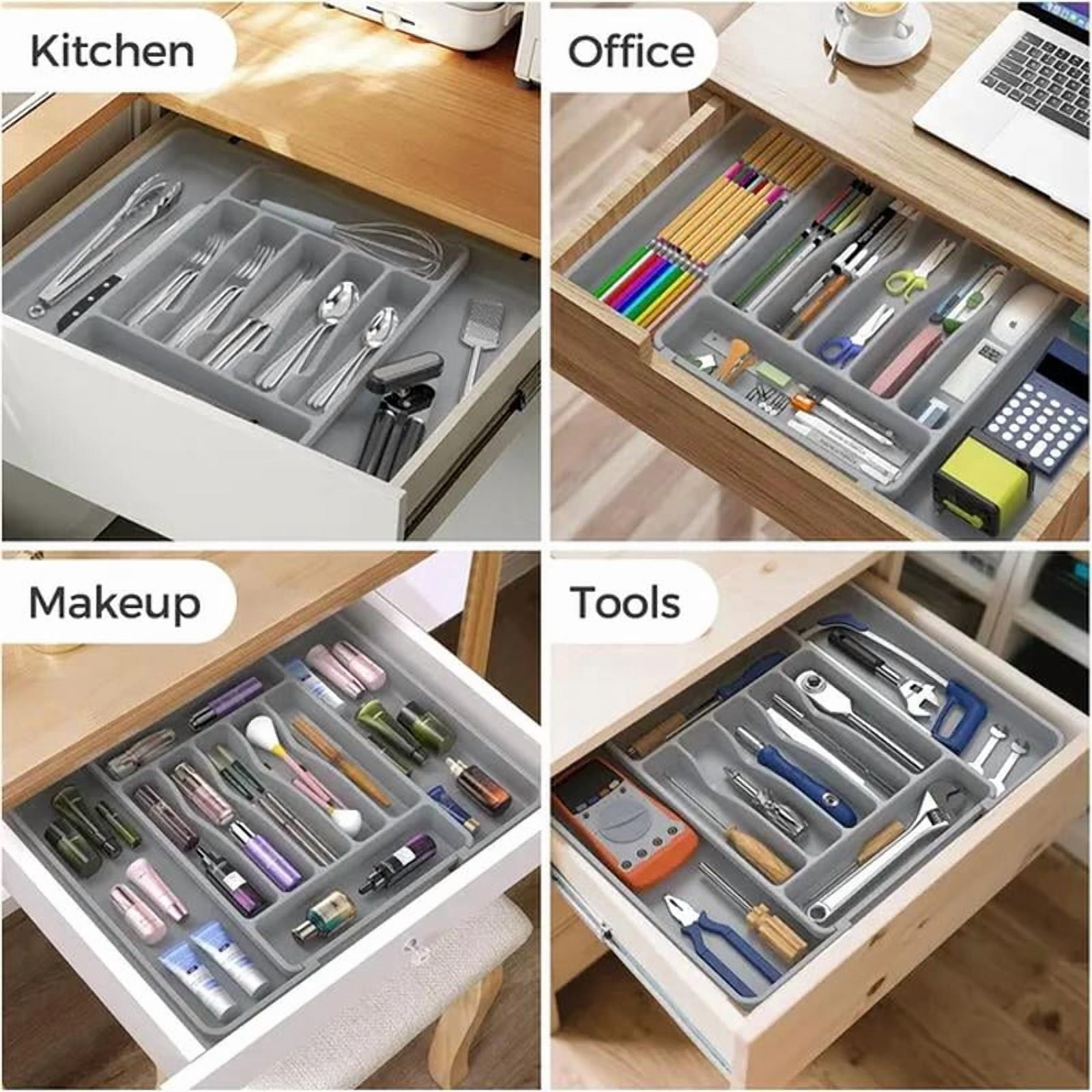 Expandable Silverware Organizer, BPA-Free Food-Safe Cutlery Flatware Organizer, Kitchen Utensil Drawer Organizer, Adjustable Holder for Spoons Forks Knives, Gray