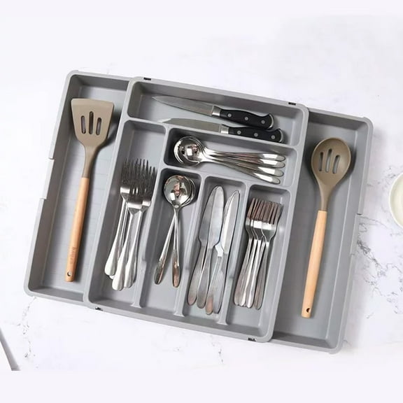 Expandable Silverware Organizer, Kitchen Drawer Knife and Fork Organizer Silverware Cutlery Storage Tray Compartmentalized Cutlery Caddy, Adjustable Silverware Holder for Spoons Forks Knives