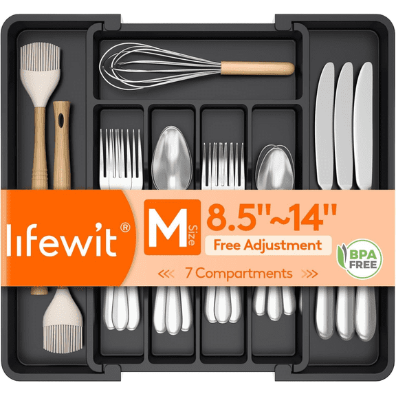 Expandable Silverware Organizer  Plastic Utensil Tray for Drawer, 7 Compartments, Black, Adjustable Fit for Kitchen, Office & RV