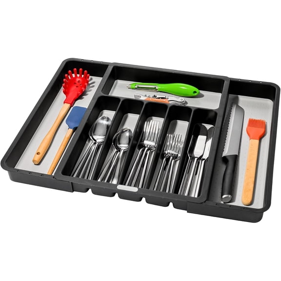 Expandable Silverware Tray, 8 Compartment for Forks, Knives & Spoons, Non Slip, Soft Grip Base, Expands to Fit Most Drawers, Carbon