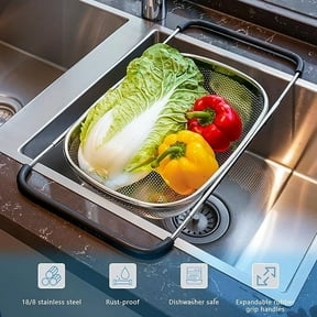 Expandable over the Sink Colander - Stainless Steel Adjustable Strainer Basket & Drying Rack (11.5 Inch), Mesh Kitchen Sink Organizer for Washing Draining Vegetables, Fruits, Pasta, Dishes