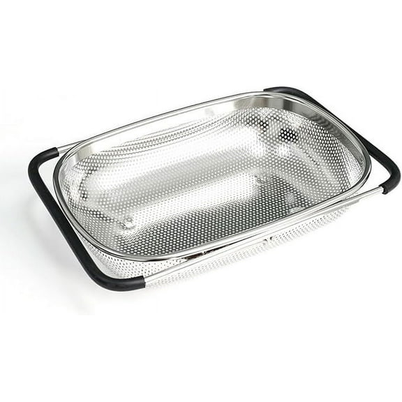 Expandable Over Sink Colander, Stainless Steel Strainer Basket for Vegetable Washing, Adjustable Draining Rack 300-440mm, Multifunctional Kitchen Mesh Basket for Fruits Pasta Dishes