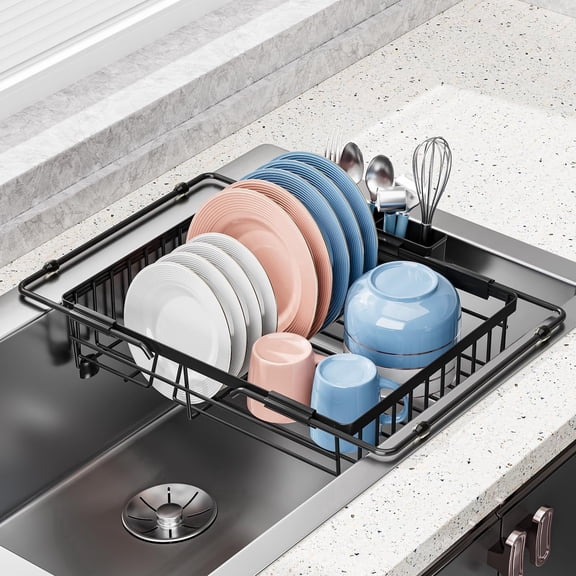 Expandable in Sink Dish Drying Rack - Adjustable Capacity Over The Sink Dish Drainer Drying Rack with Utensil Holder for Kitchen Counter, Drying Rack for Small Space,14.37-21.06L x 11.81W x 3.74D