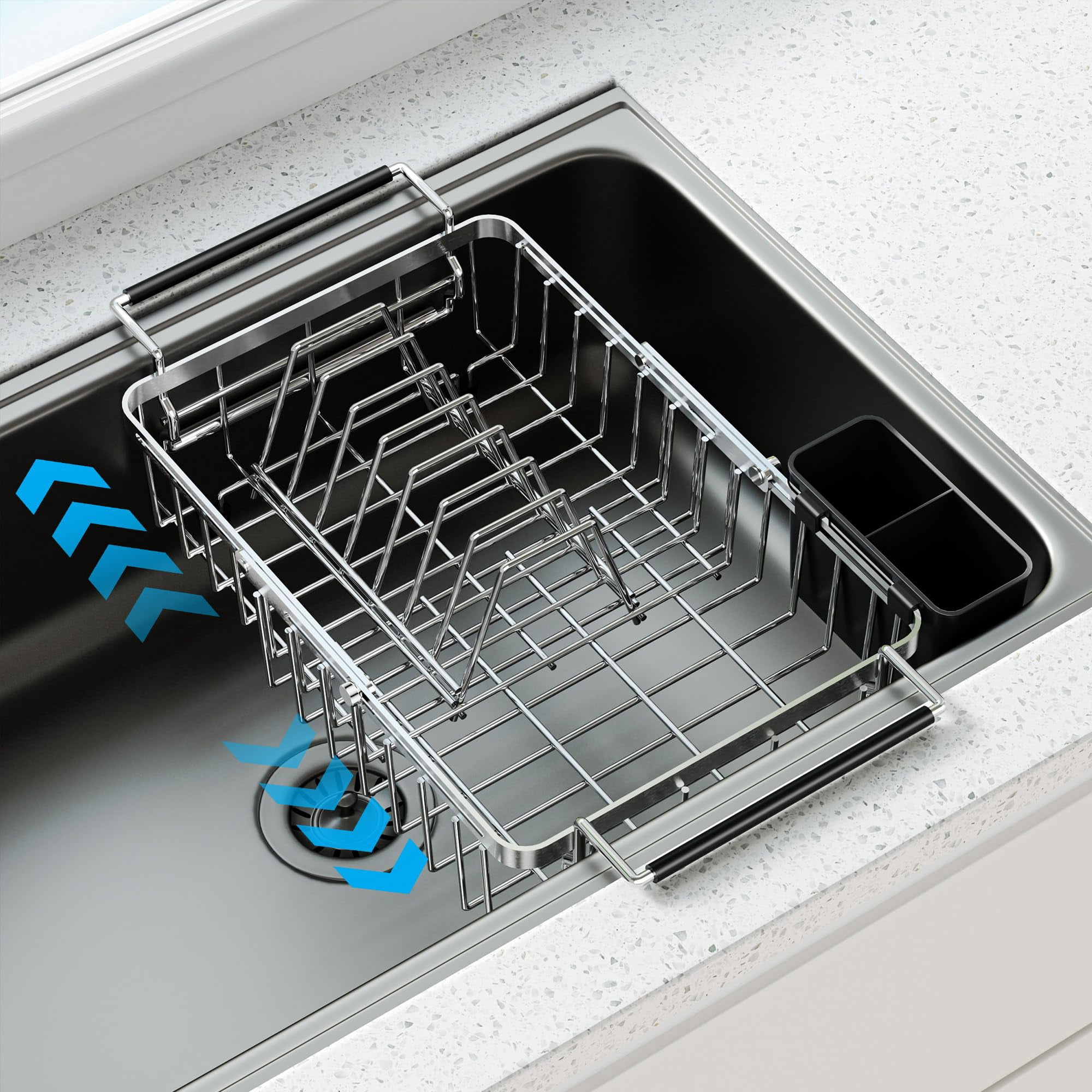 Expandable Over The Sink Dish Drying Rack  Anti-rust Stainless Steel In Drainer With Cutlery Holder Counter Space Saving Sturdy For Many Kitchen Drain Task