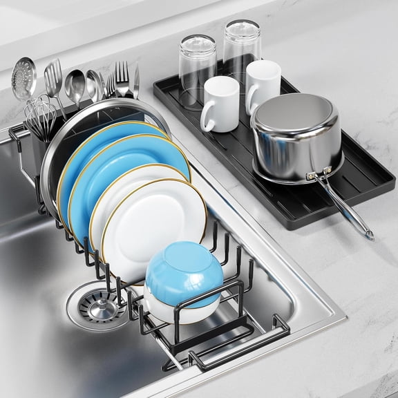 Expandable Sink Dish Drying Rack,Small Dish Rack Over Sink with Silicone Drying Tray,Sink Dish Drainer for Kitchen Counter with Cutlery Holder