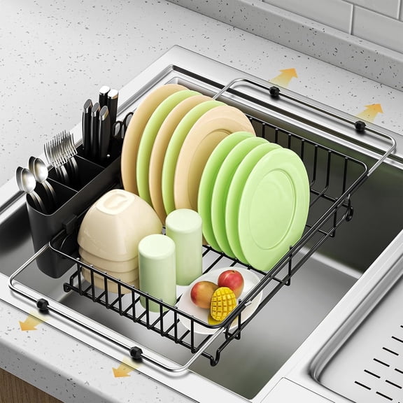 Expandable in Sink Dish Drying Rack,Small Dish Rack Over Sink with Utensil Holder,Stainless Steel Dish Drainers for Kitchen Counter,Sink Drying Rack for Small Space,14.57-20.87L x 10.24W x 2.76D