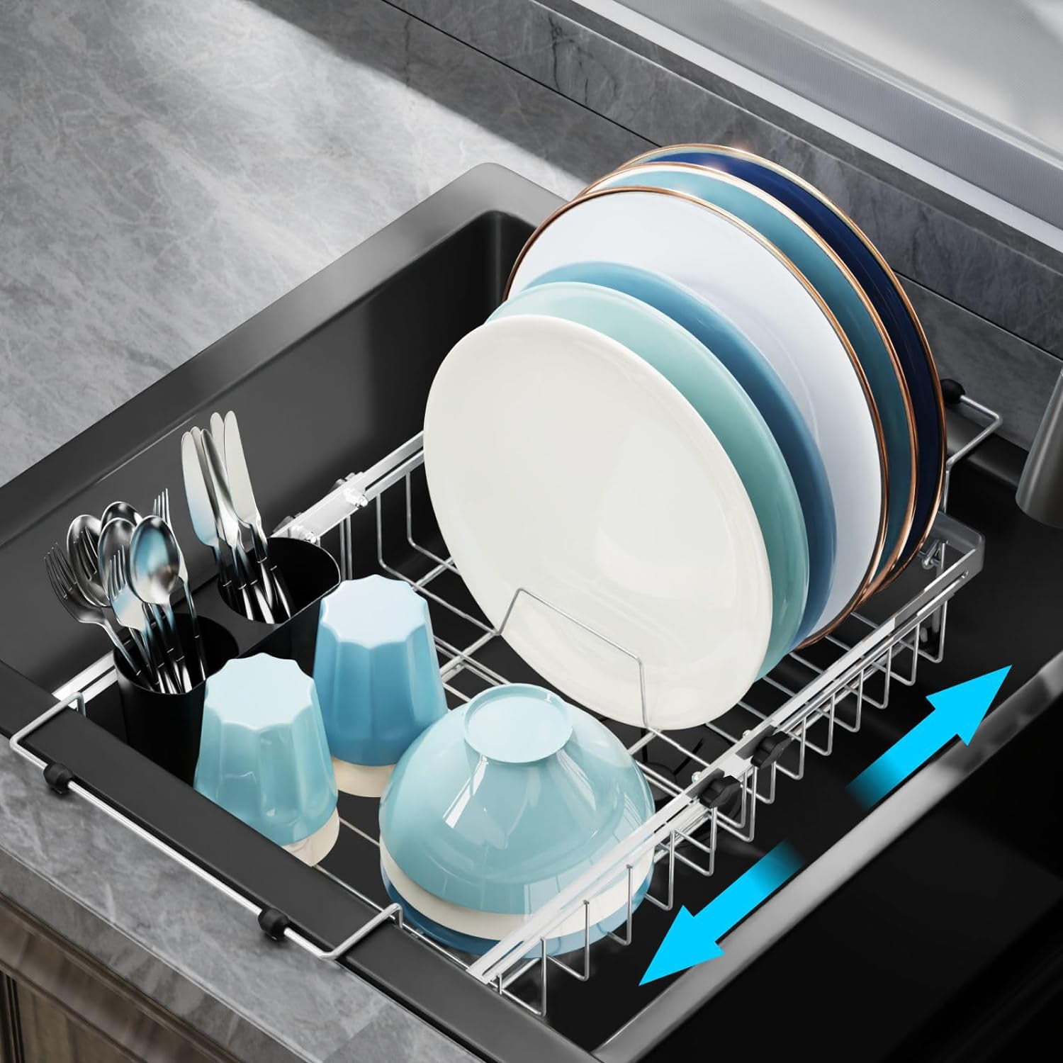 Expandable Over The Sink Dish Drying Rack - Stainless Steel Heavy Duty in Sink Dish Drainer with Square Corners, Rust Resistant with Lock Knob, Fit for Modern Single & Double Sinks, Black