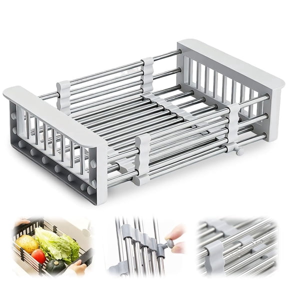 Expandable Sink Drain Basket Adjustable Dish Drying Rack with Stainless Steel Basket