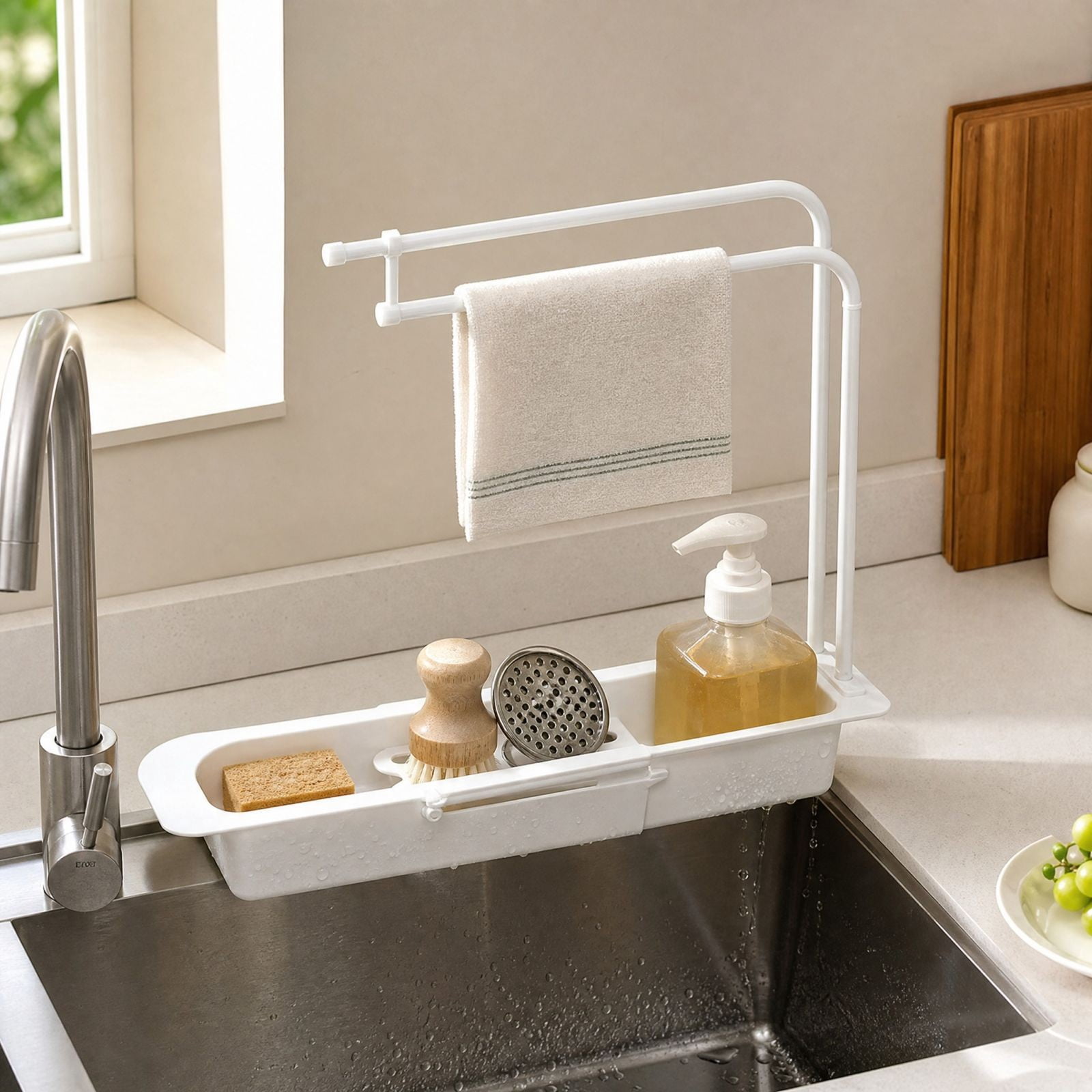 Expandable Sink Organizer, Plastic Drain Basket and Sponge Holder for ...
