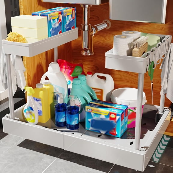Expandable Under Sink Organizers and Storage, 2 Tier Pull Out Cabinet Organizer with 3 Ball-Bearing Slides, Metal Slide Out Drawers for Kitchen Bathroom, White