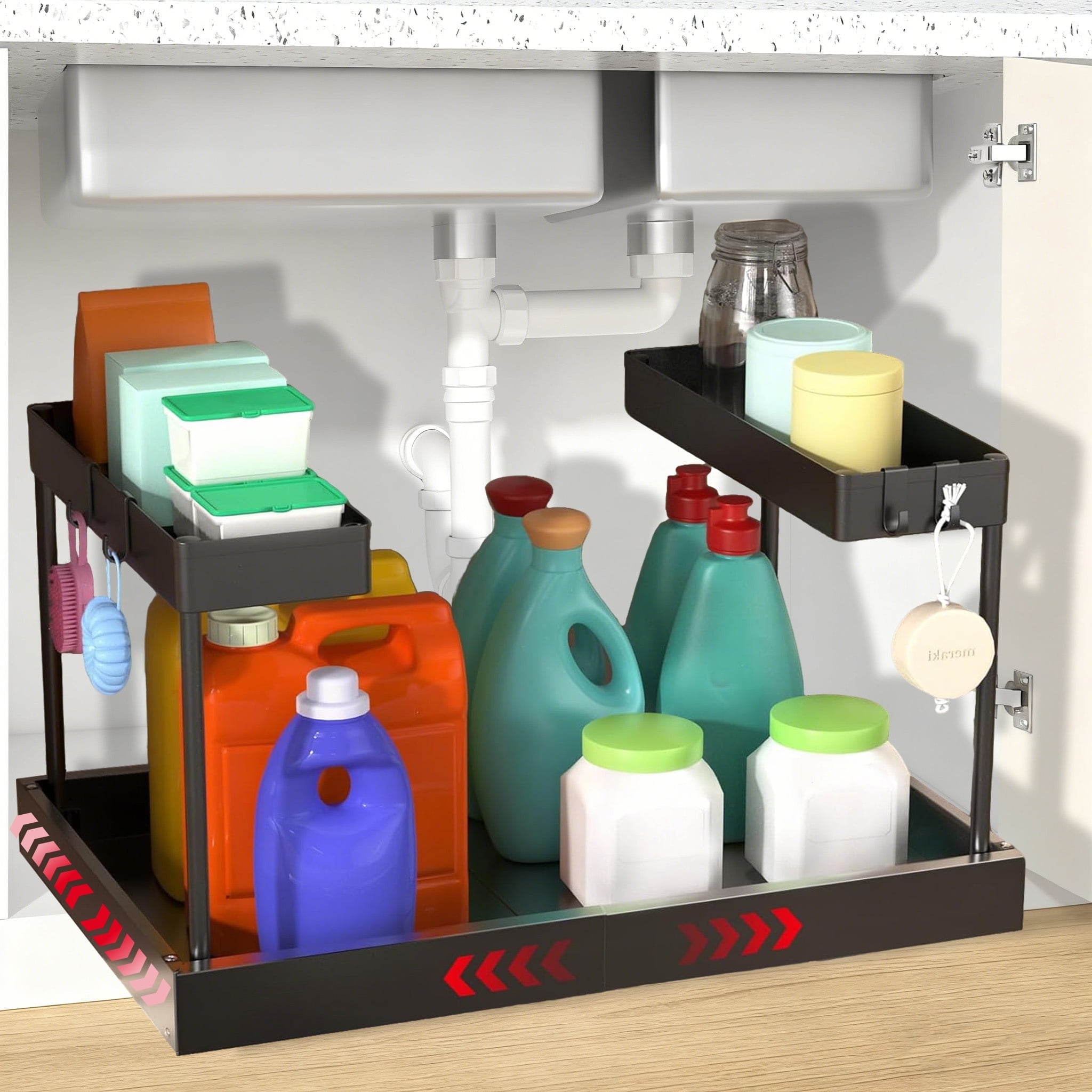 Under Sink Organizer Storage, 2 Tier U-Shape Expandable Multi-Purpose Large Capacity Kitchen Under Sink Organizers for Narrow Space Easy Access Sliding Storage Drawer with Hooks (Black)
