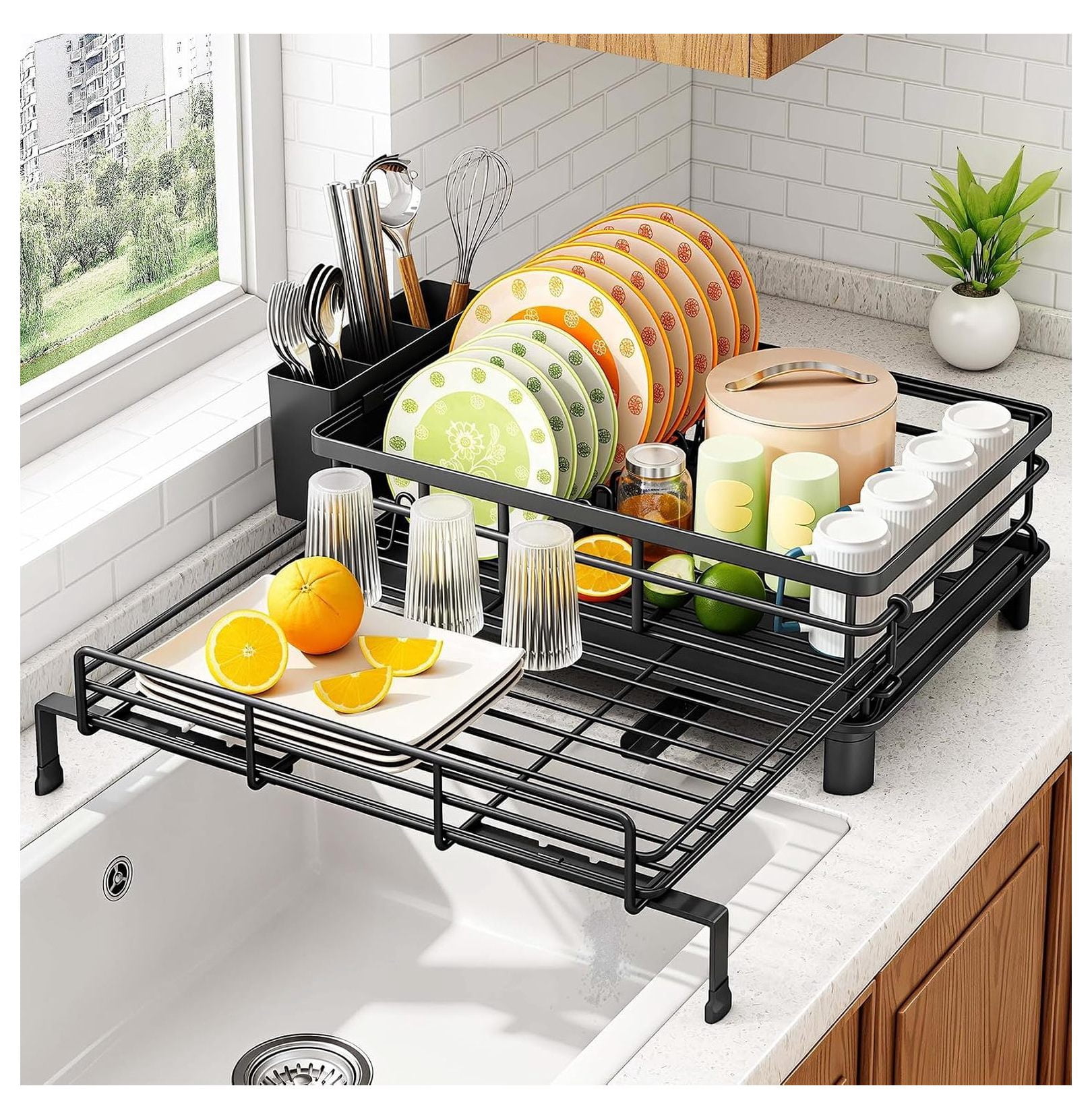 Expandable Sink Spanning Dish Drying Rack, Black Metal Drain Board with ...