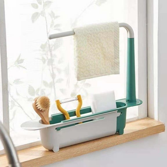 Expandable Sink Storage Shelf, Pull-Out Basin Organizer, Over Sink Hanging Drying Rack, Extendable Length, with Ventilated Base End End, No-Drill Setup