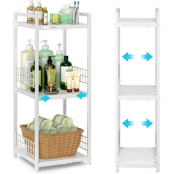 Expandable Slim Storage Shelf, 3 Tier Metal Shelving Unit for Bathroom Storage Organizer, Free-Standing Narrow Shelf, Open Floor Shelves for Small Spaces,Laundry,Bathroom,Kitchen, White