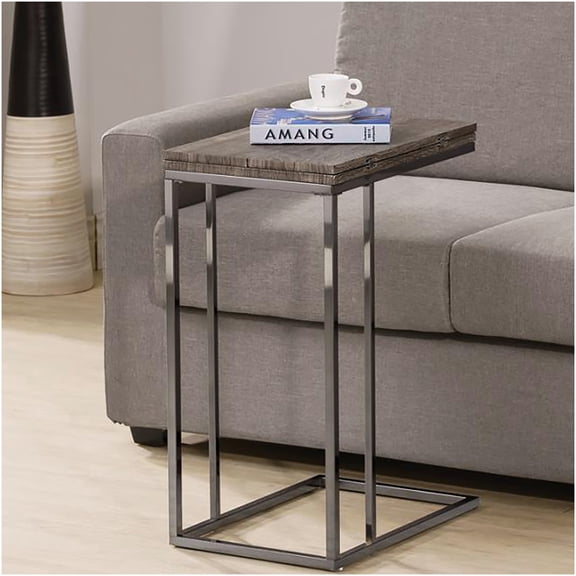 Expandable Sofa Snack Table with Weathered Grey Top and Black Nickel Base
