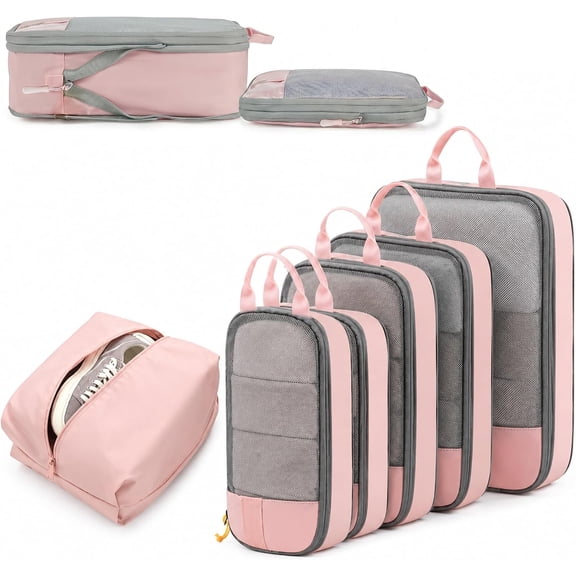 Expandable Space-Saving Cubes, 6PCS Compression Packing Cubes Set with Double Layer Shoe Bag, Suitcase Organizer Bags, Multi-Use Space Saving for Travel Wardrobe Closet Organization(Pink)