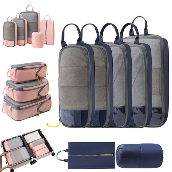 Expandable Space-Saving Cubes, Compression Packing Luggage Organizer Bags with Breathable Mesh Design for Clothes, Shoes and Travel Essentials,Blue 7Pcs