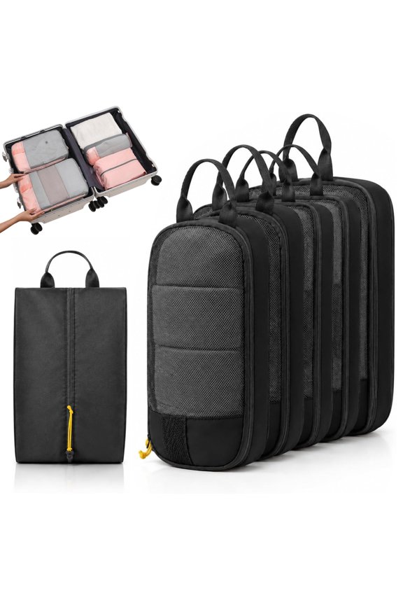 Expandable Space-Saving Cubes, Flat Folding Waterproof Travel Organizer Bags for Suitcase, Compression Luggage Organizers with Heavy Duty Mesh Top, Pink Navy Black Packing Organizer Set (Black,6pcs)