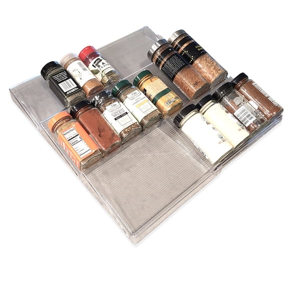 Expandable Spice Rack (17" X 16" Max Size) - Adjustable Drawer Organizer for Kitchen Cabinet Drawers - Heavy Quality Plastic - 3 Slanted Tiers for Vitamins, Supplements, Garlic, Salt, Pepper, Spice Ja