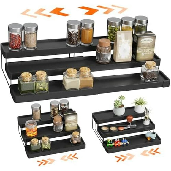 Expandable Spice Rack Organizer - 3 Tier Adjustable Spice Organizer for Cabinet & Countertop - Easy Visibility - Black