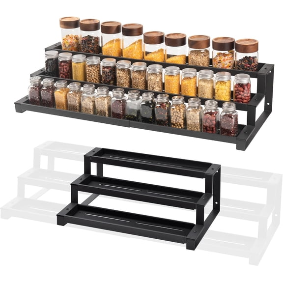 Expandable Spice Rack Organizer for Cabinet, 3 Tier Metal Spice Organization,16"-29.5" Wide Adjustable Seasoning Organizer, Display Shelf, Canned Goods Organizer for Pantry Kitchen Countertop
