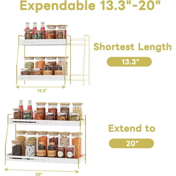 Expandable Spice Rack Organizer for Cabinet, 2 Tier Adjustable Metal Rust-Proof Kitchen Counter Storage Shelf with Draining Tray & Feet Pads