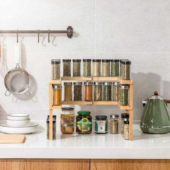 Expandable Spice Rack Organizer for Cabinet TeqHome 2 Tier Bamboo Spice Rack Stackable Seasoning Organizer for Kitchen Pantry
