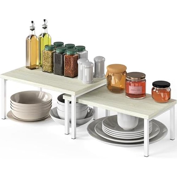 Expandable Stackable Cabinet and Counter Shelf Organizer with Wooden Surface, 7.6'' D x 11.75'' W x 6.1'' H, Maple