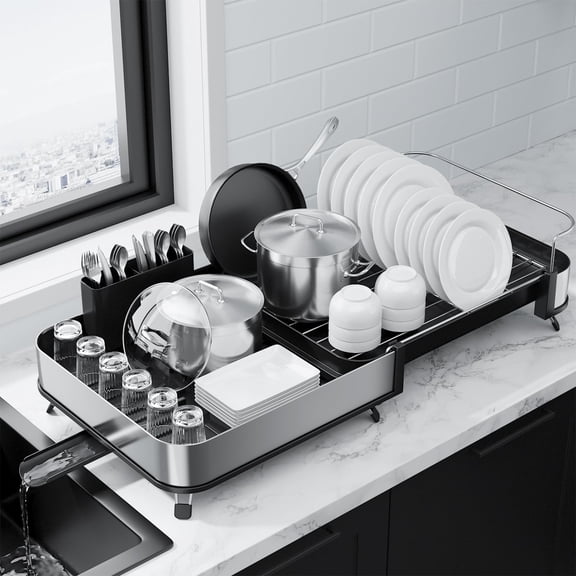 Expandable Stainless Steel Dish Drying Rack Black Medium Kitchen Counter Use