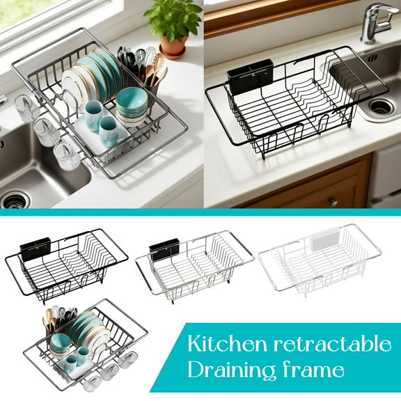Expandable Stainless Steel Dish Drying Rack For Kitchen Sink, In-Sink Dish Drainer With Adjustable Width, Storage For Dishes Utensils Bowls Plates, Efficient Kitchen Space
