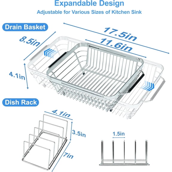 Expandable Stainless Steel Dish Drying Rack Over Sink, 2-in-1 Drain Basket and Plate Holder for Kitchen Counter Organizer