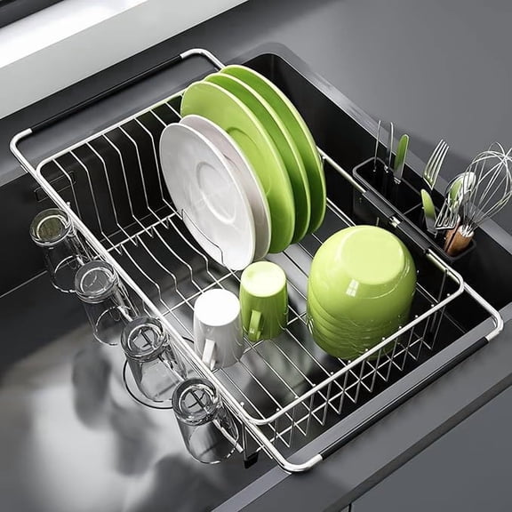 Expandable Stainless Steel Dish Drying Rack in Sink – Over The Sink Dish Rack with Utensil Holder, Space-Saving Dish Drainer for Kitchen Counter, Silver