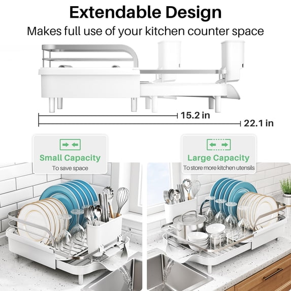 Expandable Stainless Steel Dish Drying Rack with Drainboard and Utensil Holder, White