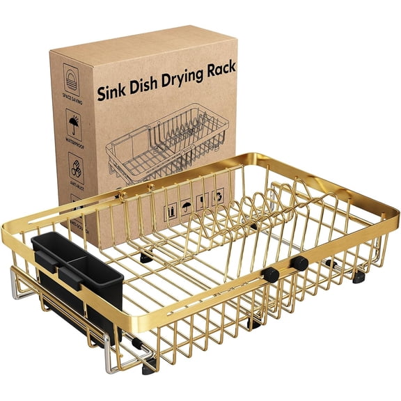Expandable Stainless Steel Over Sink Dish Drying Rack, Space-Saving Dish Drainer with Adjustable Utensil Holder, Silver for Kitchen & RV