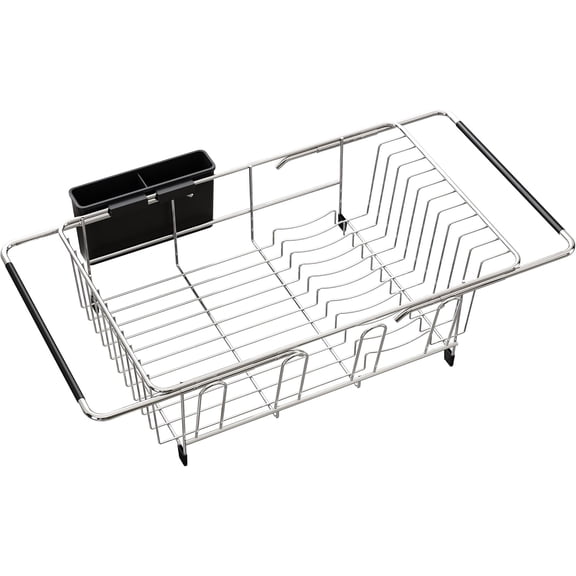 Expandable Stainless Steel Over Sink Dish Drying Rack, Space-Saving Dish Drainer with Adjustable Utensil Holder, Silver for Kitchen & RV