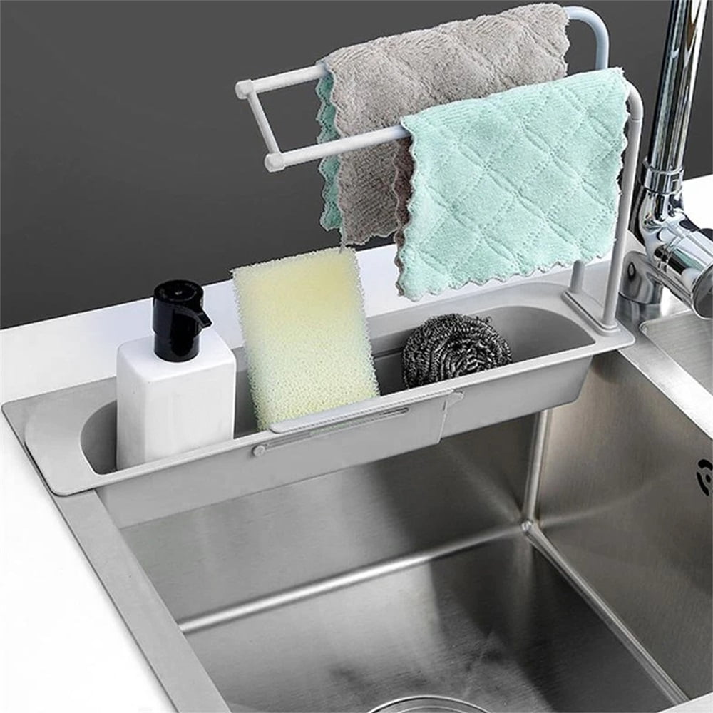 1pc Dark Gray Stretchable Sink Storage Rack With Adjustable Length