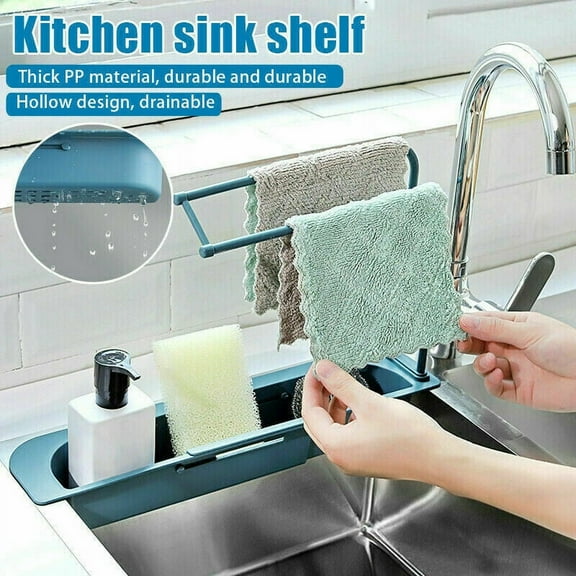 Expandable Storage Drain Basket Rack, Sink Rack Telescopic Sink Holder, Sponge Soap Holder Drainer Sink Tray for Home Kitchen, Faucet Hanging Caddy Organizer for Sponges, Scrubbers, Soap