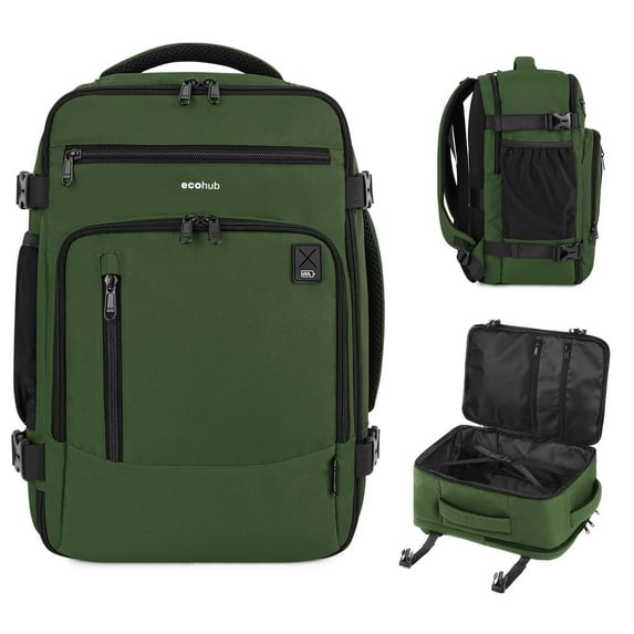 ECOHUB Expandable Travel Backpack with USB for Women Men Lightweight Airline Approved Personal Item Bag Laptop Travel Essentials Hiking, 20L, Army Green
